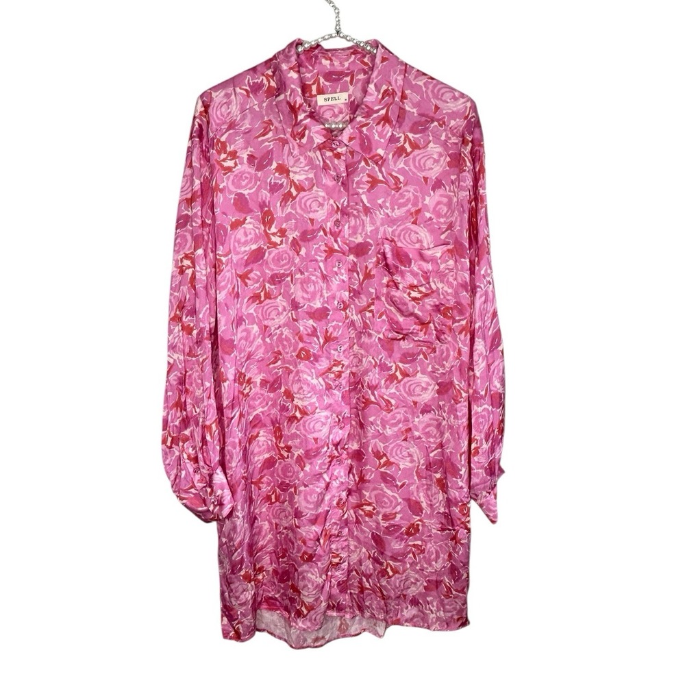 Spell & The Gypsy Islamorada Shirt dress Medium Resort Floral Mini‎ Silky Boho